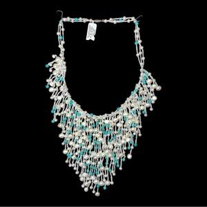 NWT 14k White Gold Pearl And Turquoise Bead Statement Necklace Waterfall Fringe
